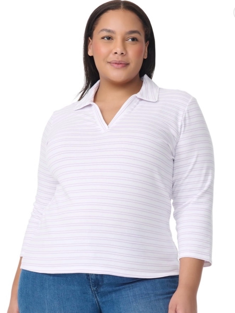 Gloria Vanderbilt Amanda Womens Striped Collared V‑Neck Top White & Lavender NWT